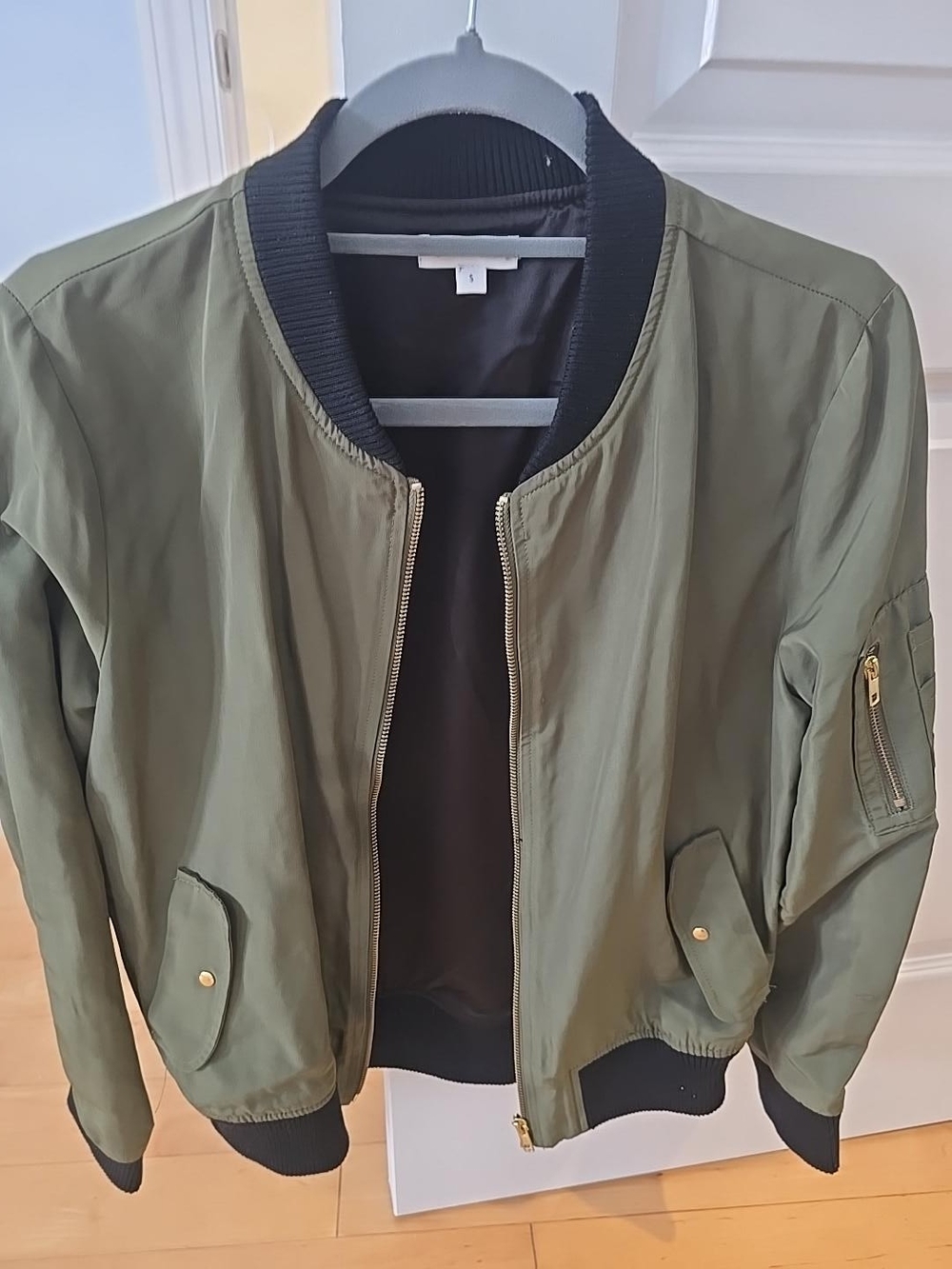 Womens Olive Green Bomber Jacket with Black Trim